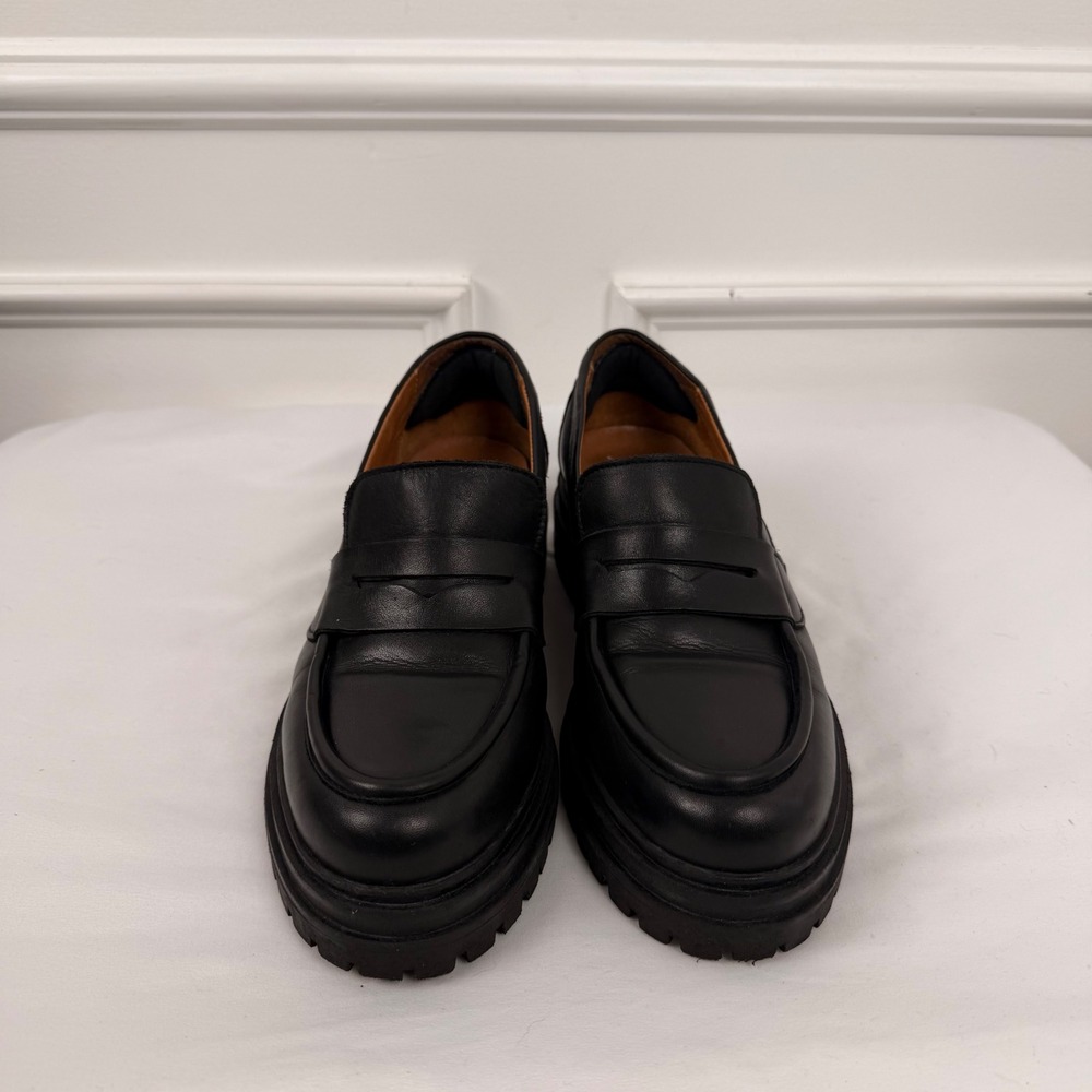 Miz Mooz Legend Black Leather Chunky‎ Lug Sole Penny Loafers Womens 39